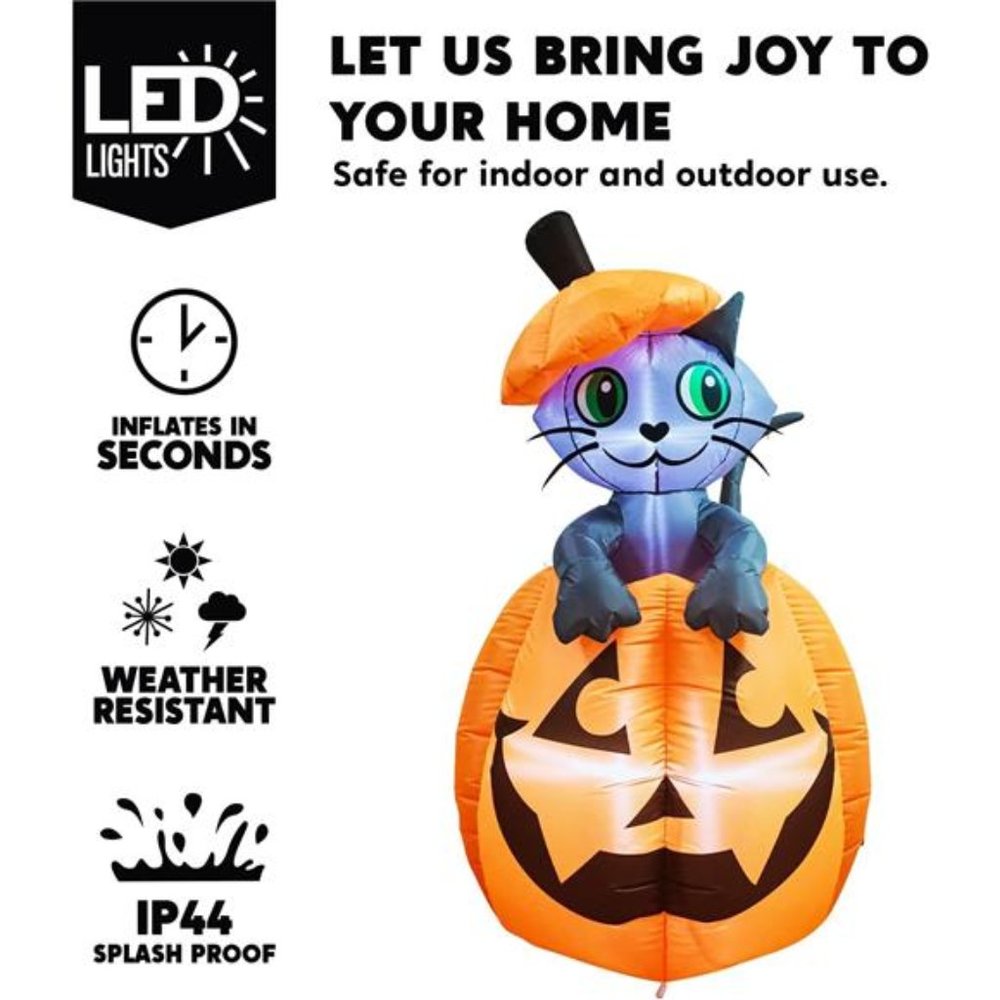 5 ft Tall Halloween Inflatable Animated Kitty Cat On Pumpkin Inflatable - Picture 4 of 6